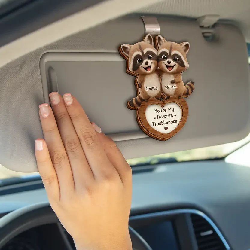 Personalized 2-Layer Wooden Car Visor Clip Cute Raccoon Couple Hugging, Funny You're Weird I'll Keep You, Unique Gift