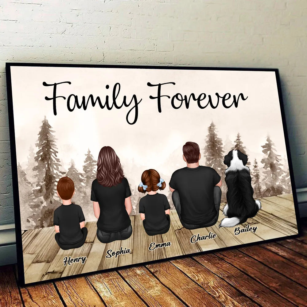 Custom Family Poster, Cozy Woodland Scene with Back View Parents Kids and Pet, Heartfelt Home Decor Unique Gift
