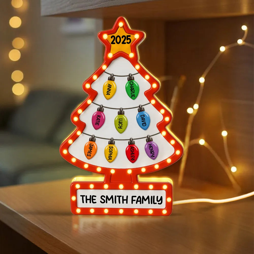 Family Christmas Tree Acrylic Light Box – Personalized Holiday Gift, Festive Home Decoration