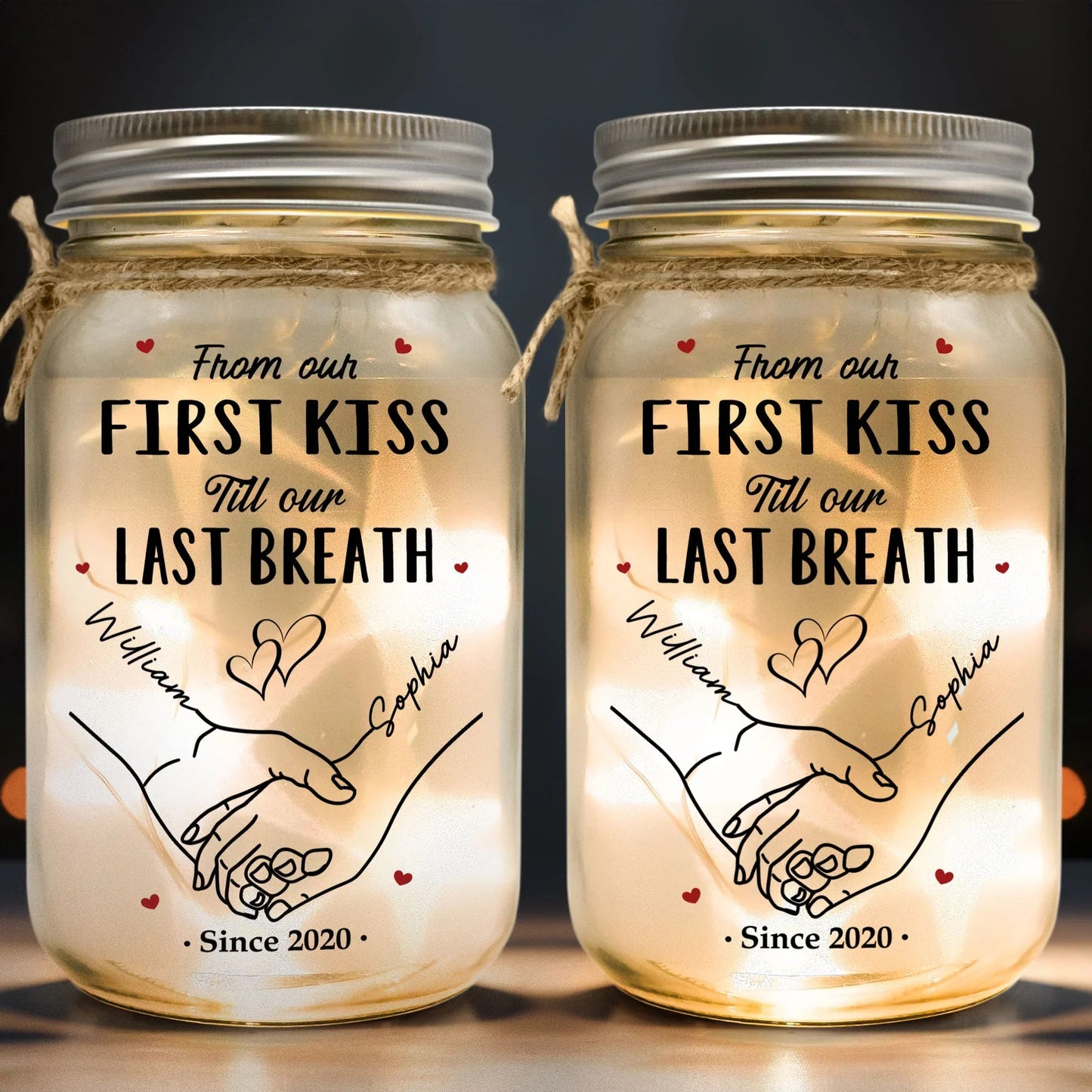 Personalized Glass Mason Jar Light Holding Hands Love Quote Decor - Unique Romantic Gift for Couples