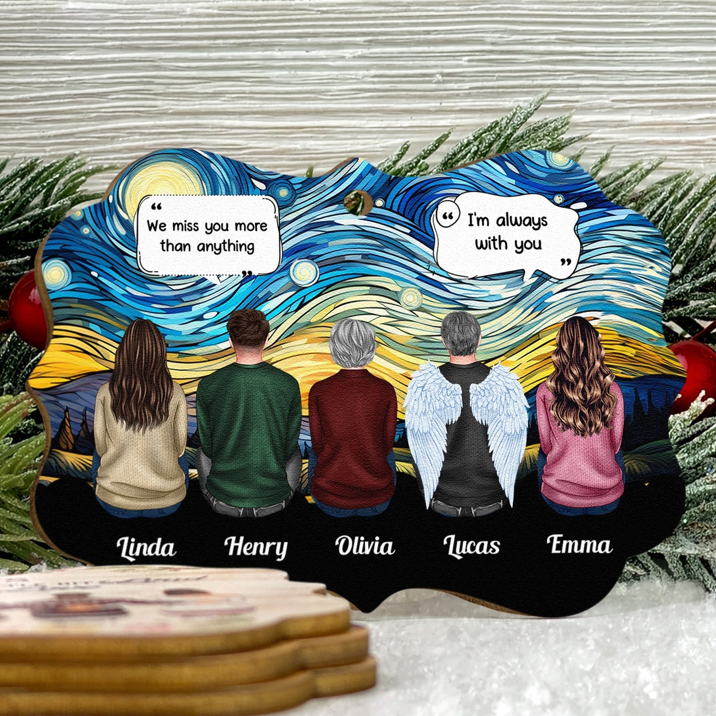 Wooden Ornament Memorial Keepsake - Starry Sky Family Back View, Angel Wings, 'We miss you' quote, a unique gift for family