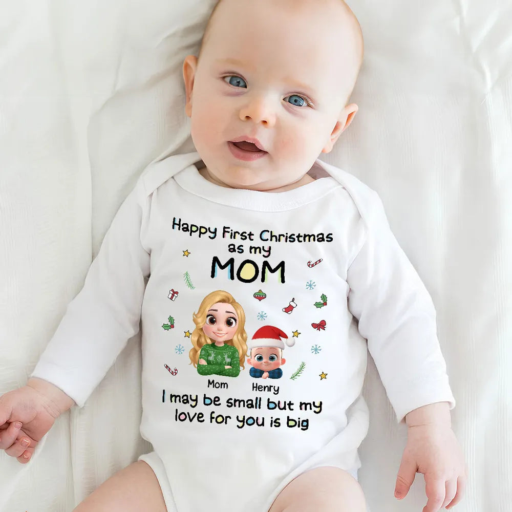 Long Sleeve Baby Onesie, First Christmas with Mom, Cute Cartoon Print, Cozy Holiday Outfit, Unique Gift for Mom & New Parents