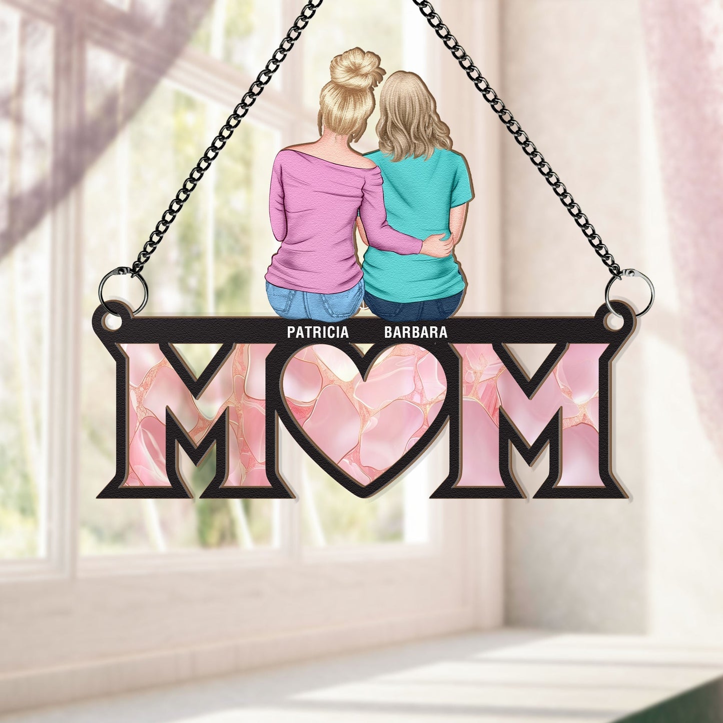 Personalized Wood and Acrylic Layered Ornament Mom Stained Glass Style Family Hug Window Hanging, Unique Gift for Mom