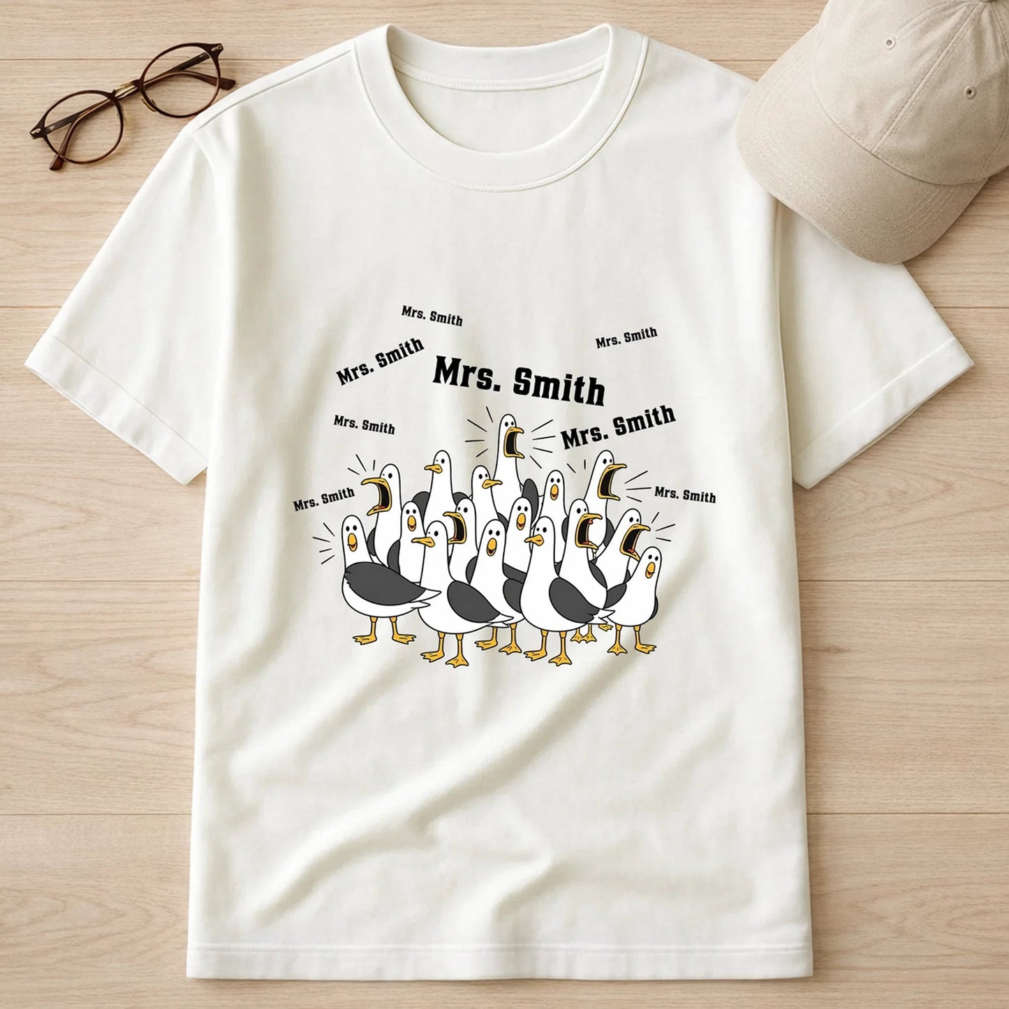 Personalized Funny Seagulls Classic Tee with Custom Teacher Name, Cute Cartoon Gift for Teachers