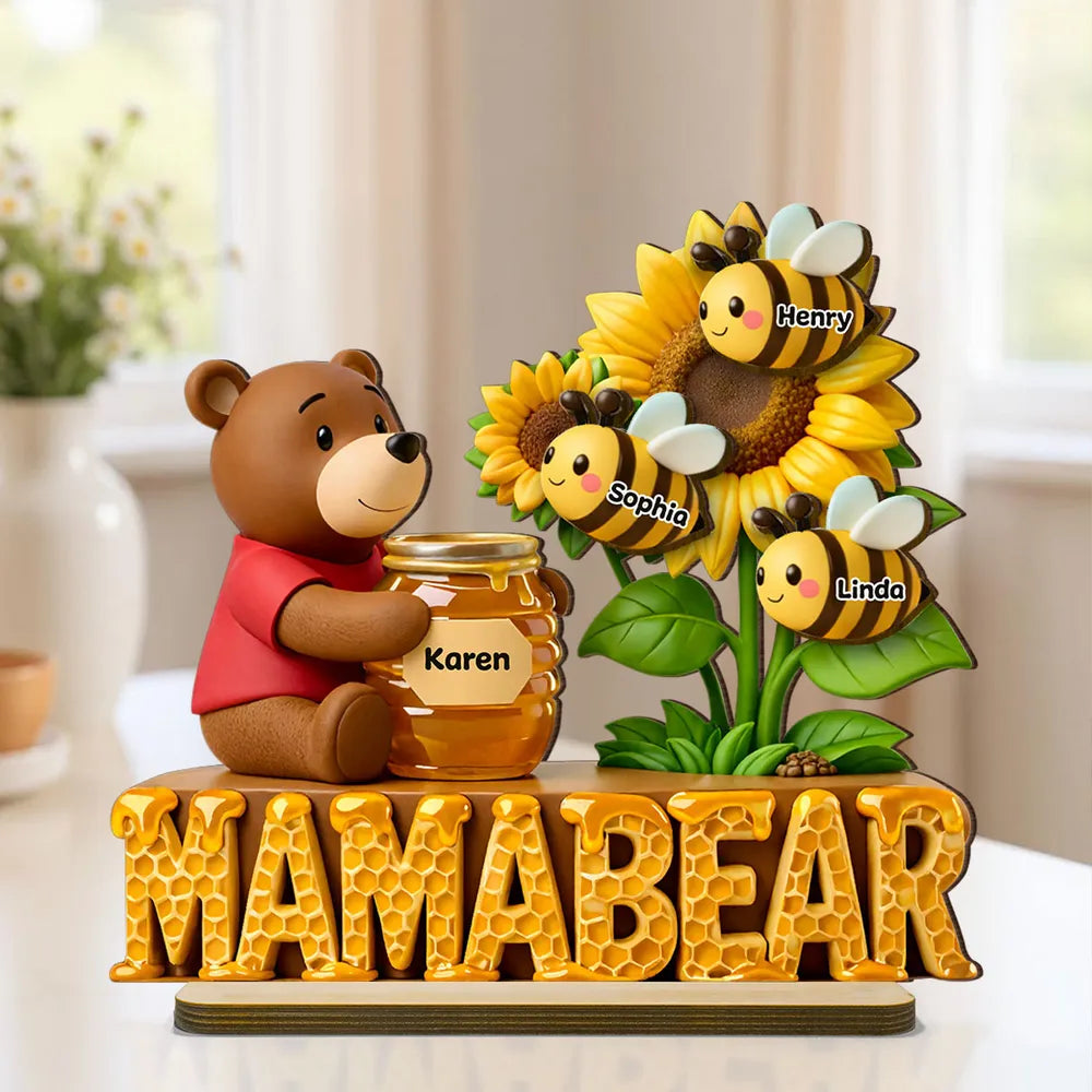 Mama Bear with Honey Jar & Sunflower Bees 2-Layer Wooden Plaque, Personalized Family Keepsake for Mom, Warm Living Room Gift