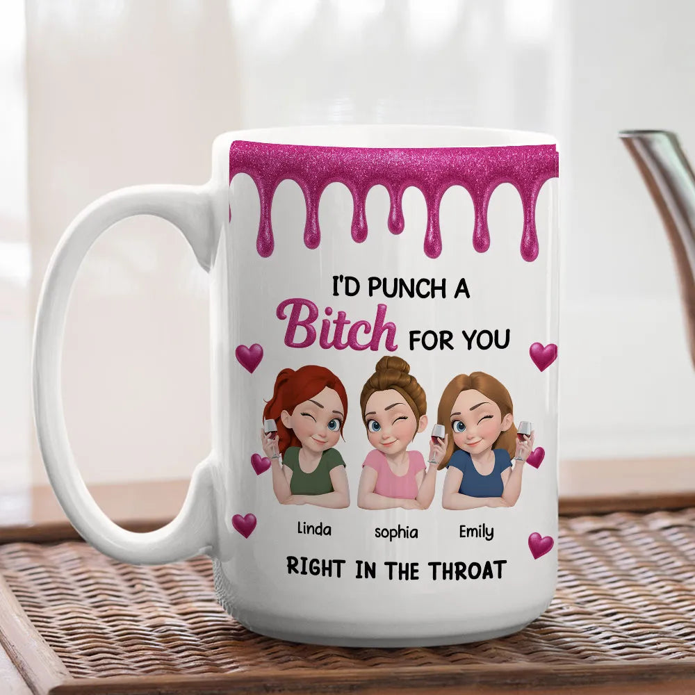Personalized Bestie Ceramic Mug with Cute Illustrated Friends – Fun Friendship Gift for Women