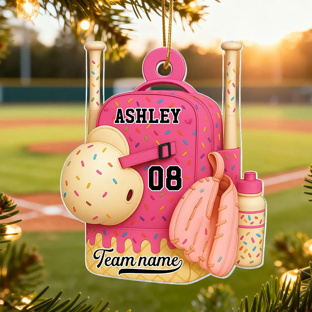 Acrylic Ornament Baseball Softball Backpack, customizable candy-sprinkle design for holiday tree, cute unique gift for kids