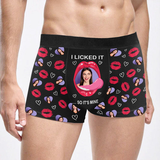 "I Licked It So It’s Mine – Funny Personalized Boxer Briefs for Husband with Your Face"