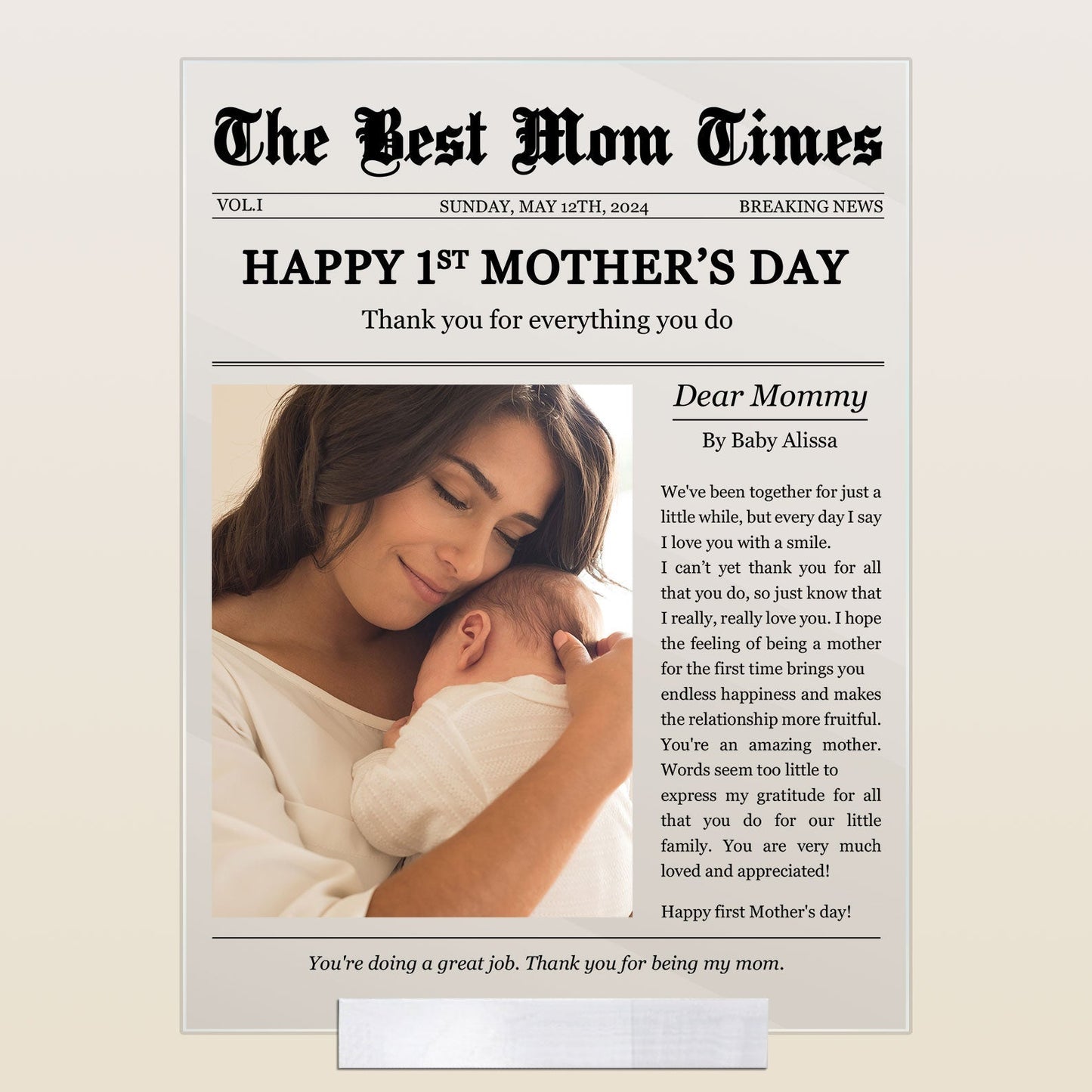 Personalized Acrylic Plaque Gift with Thank-You Letter for Mom