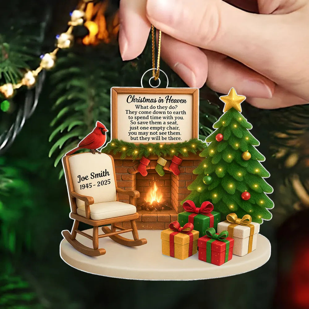 Memorial Acrylic Ornament featuring Christmas tree & fireplace, comforting remembrance décor, thoughtful gift for loved ones