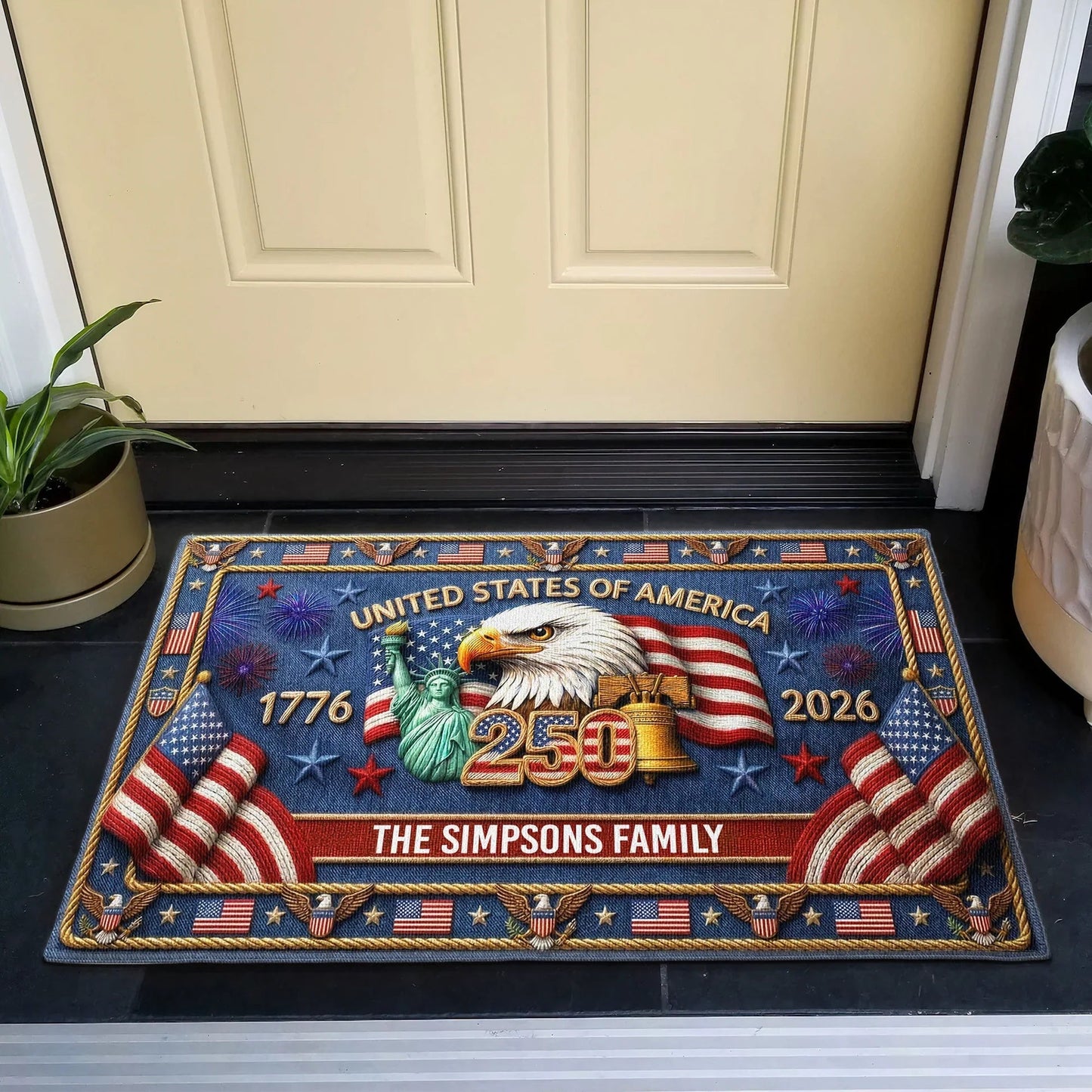 Personalized Patriotic Standard Doormat with USA Eagle & Flag Artwork, Unique Outdoor Entryway Gift for Family