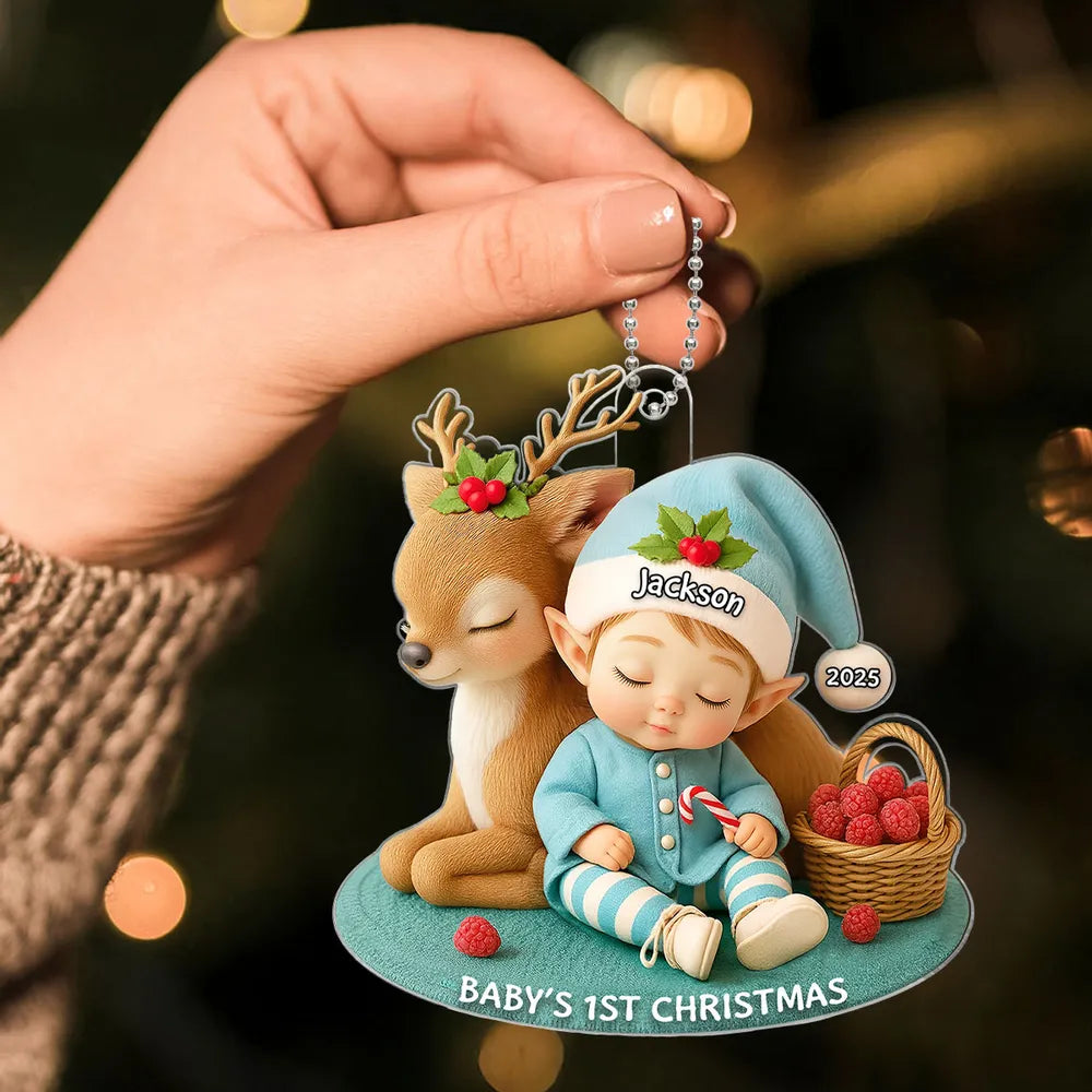 Acrylic Ornament – “Baby’s 1st Christmas” Deer-&-Elf Keepsake