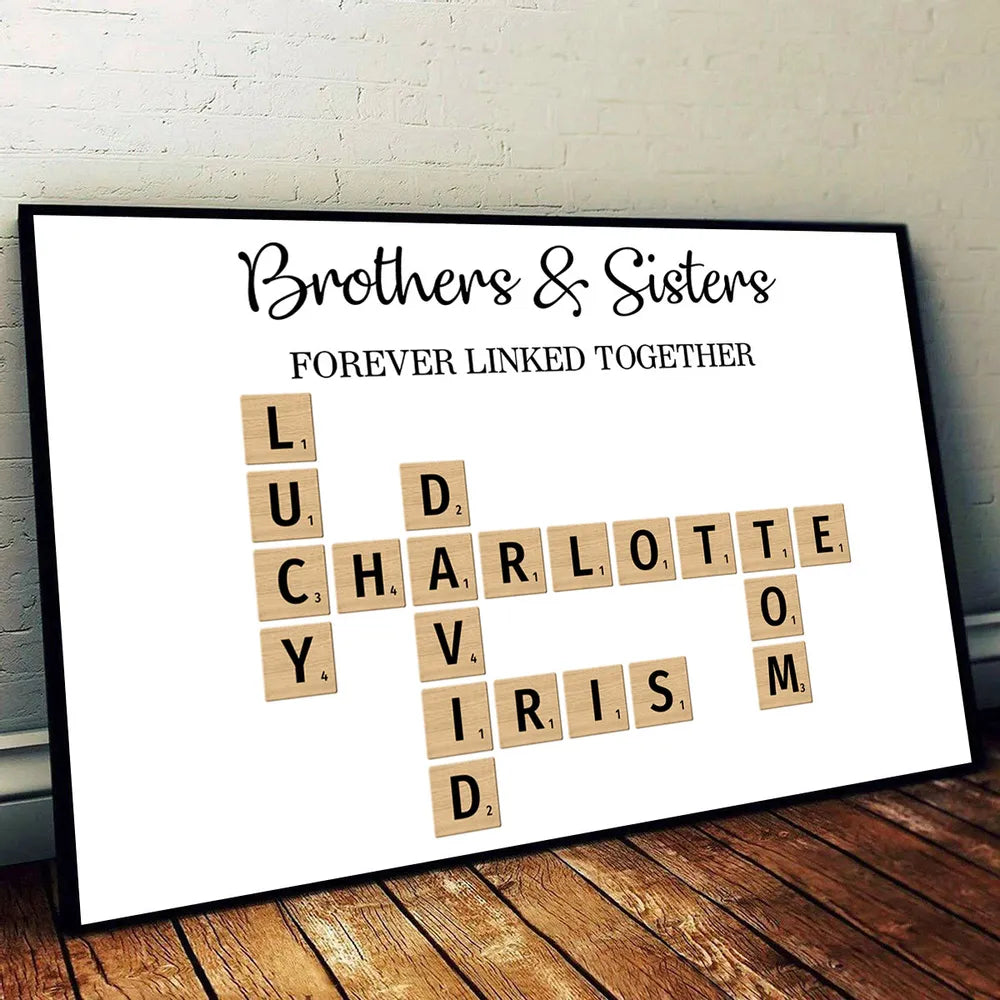 Brothers & Sisters Forever Linked Together Crossword Puzzle Art Personalized Poster or Plaque or Keychain or Ornament, Gift For Siblings, Family