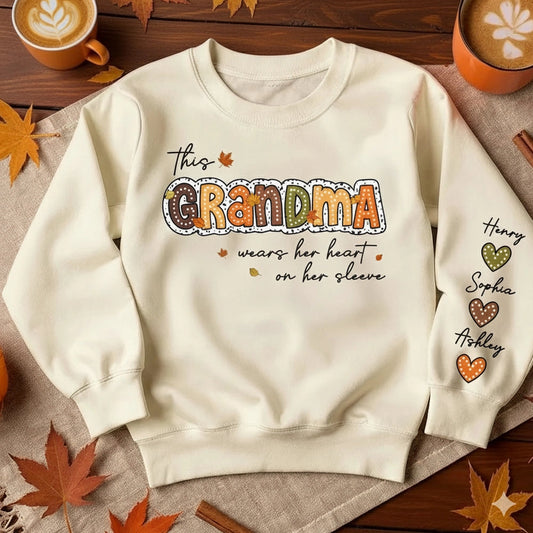 Grandma Pumpkin Themed Sweatshirt – “This Grandma Wears Her Heart on Her Sleeve” Cozy Gift for Grandma