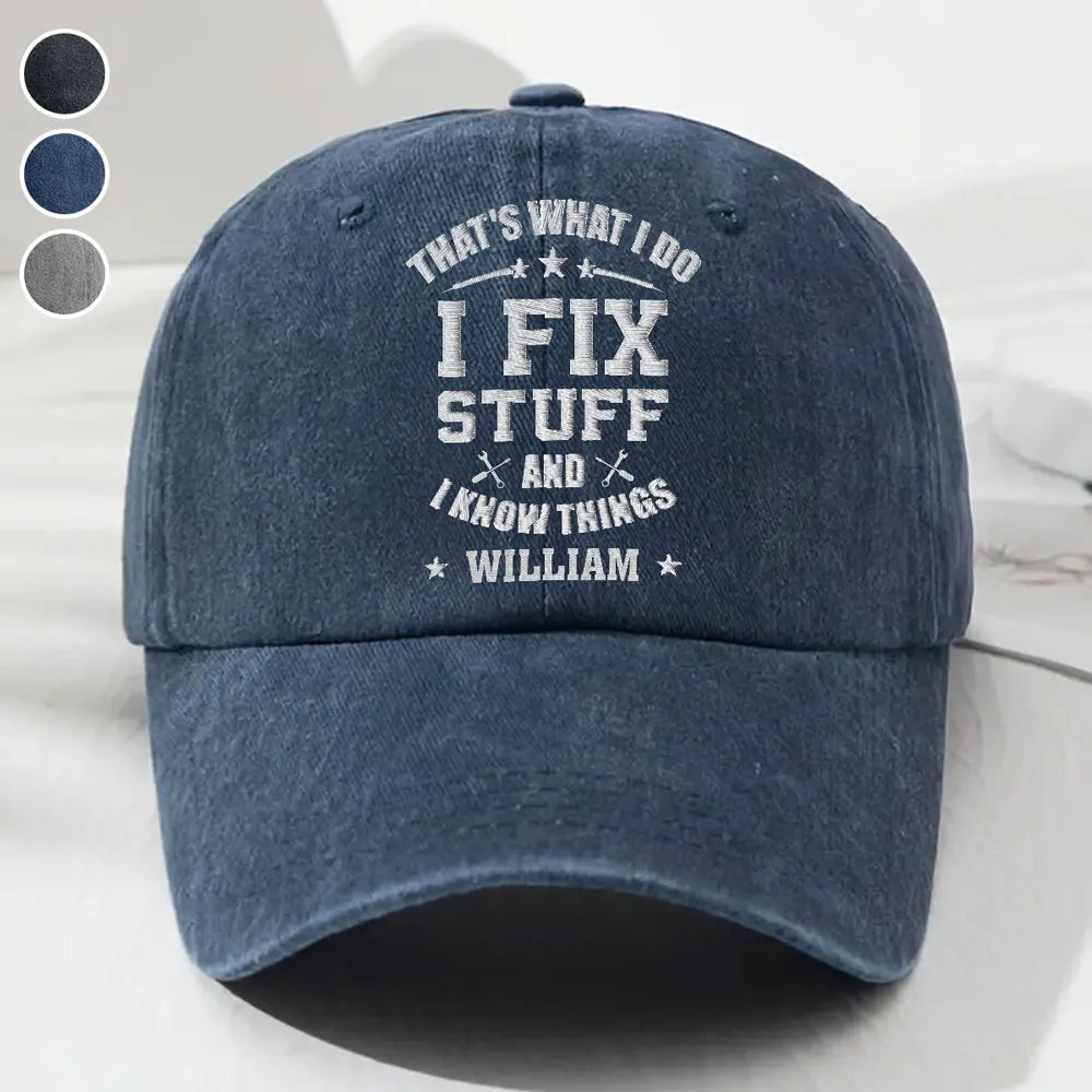 Personalized Washed Denim Baseball Cap with Funny Fix Stuff Quote, Vintage Look Everyday Hat, Unique Gift for Dad