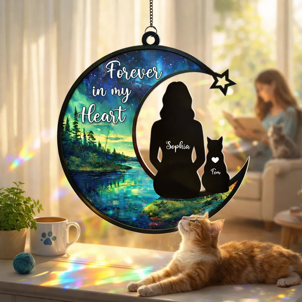 Personalized Acrylic Suncatcher Ornament Cat Memorial Silhouette in Starry Lake Scene - Unique Gift for Cat Lovers
