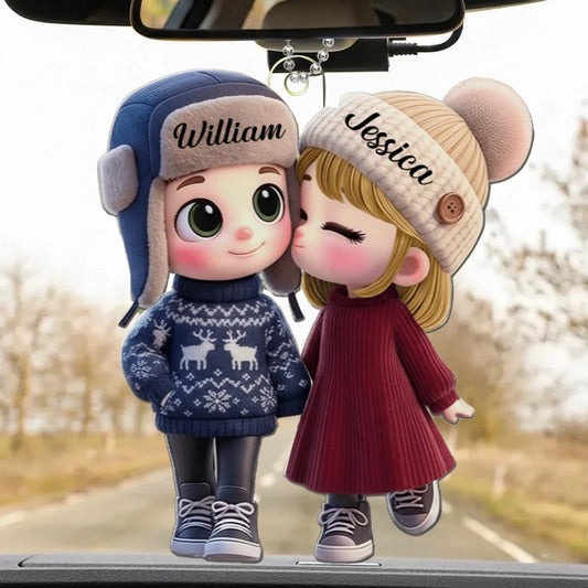 Personalized Acrylic Car Hanger Cute Cartoon Kissing Couple in Winter Hats, Unique Romantic Gift for Husband or Wife