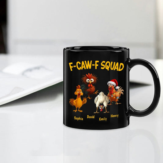 Personalized F-CAW-F Squad Full Color Mug Funny Chicken Cartoon Gift for Friends or Family Coffee Time Laughs
