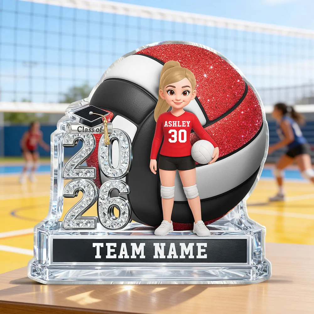Volleyball Shaped Acrylic Block Plaque, Personalized Class Keepsake for a Senior Player - Proud Team Gift for Her