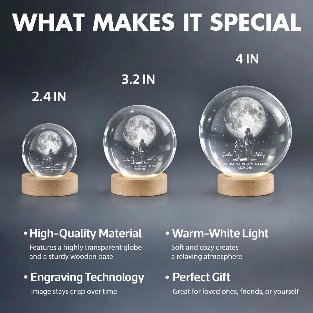 The Day You Became My Mom Personalized Globe Lamp, Mom and Child Under the Moon Night Light, Meaningful Gift