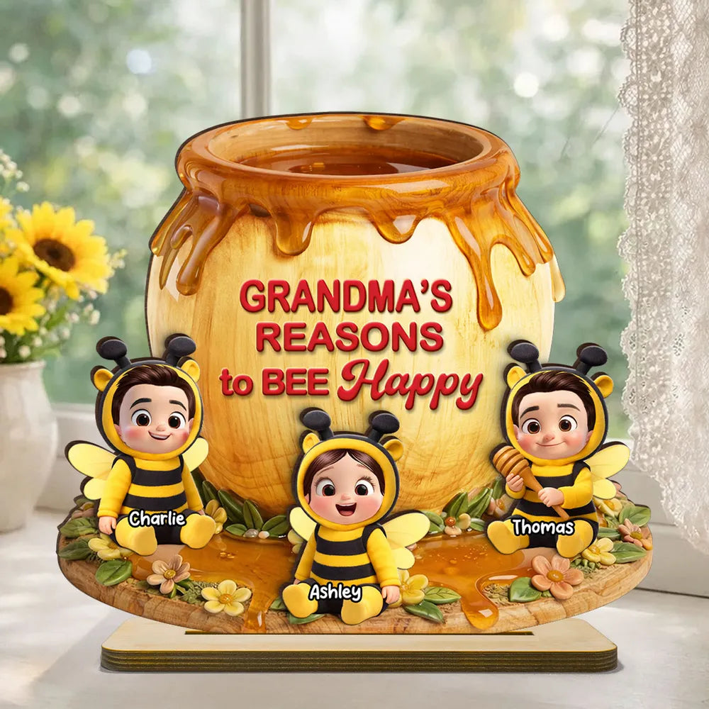 Personalized 2-Layer Wooden Plaque Nana's Reasons to Bee Happy Cute Grandkids Gift for Mom or Grandma Sweet Home Display