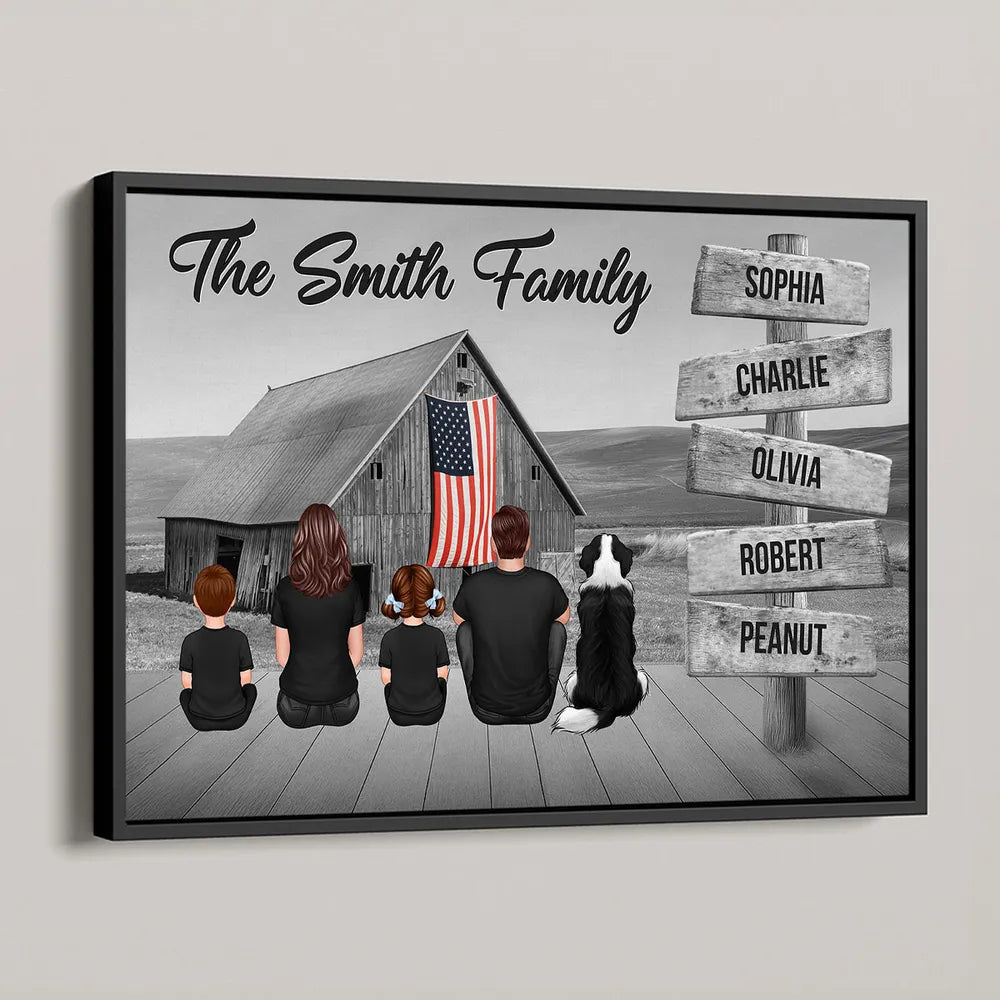 Names on Signpost Family Canvas – Sitting Together Poster with Barn Background – Gift For Family, Dad, Mom