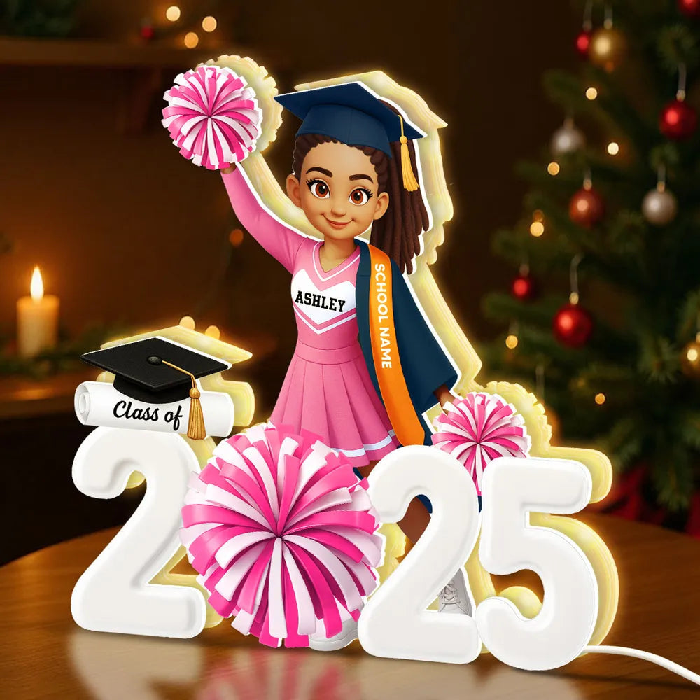 Personalized Acrylic Light Box Graduation Décor with Cheerleader Design & Warm Glow – Unique Gift for Class of Grad