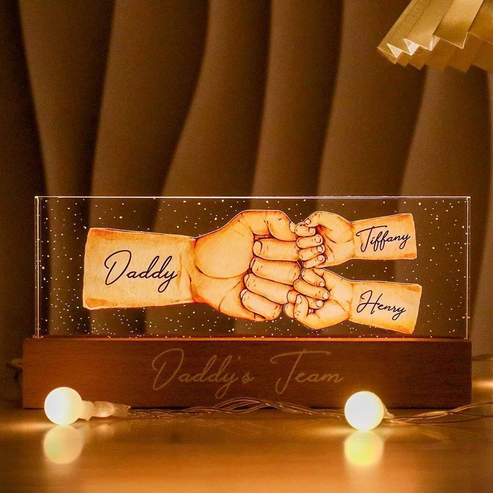 Daddy's Team Fist Bump Personalized Acrylic LED Night Light, Father's Day Gift For Dad, Grandpa, Husband
