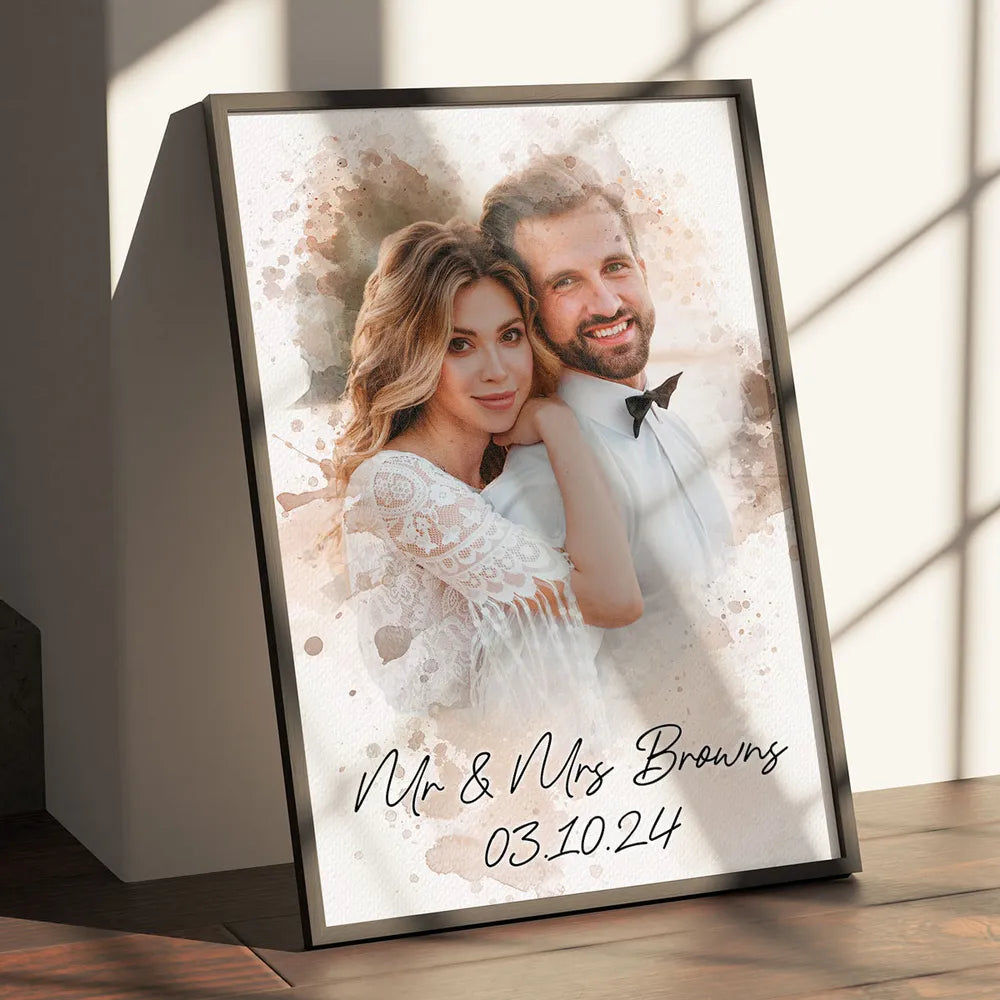 Watercolor Couple Portrait from Photo, Custom Wedding Anniversary Christmas Gift for Wife Husband Parents, Engagement Gift for Friend, Unique Poster Wall Art