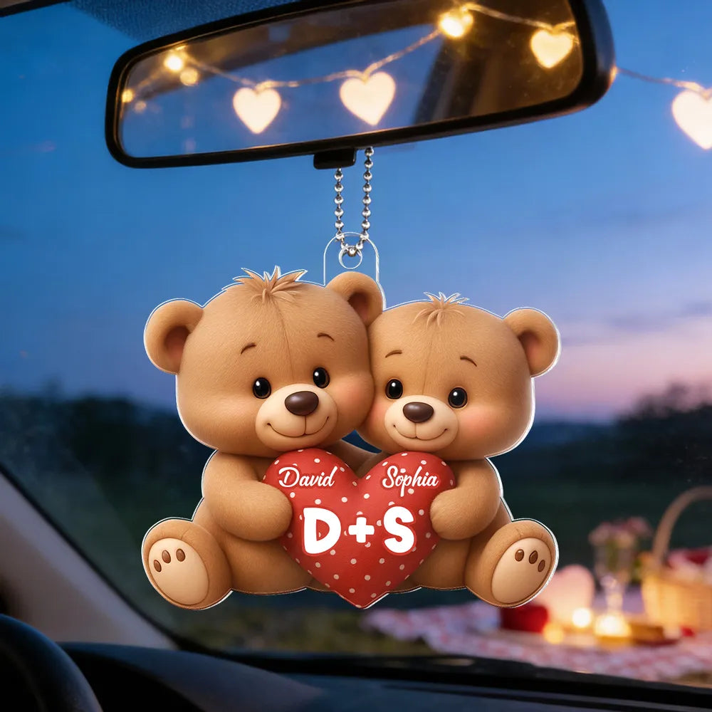 Personalized Bear Couple Acrylic Car Hanger Rearview Mirror Decor, Cute Heart Design, Unique Gift for Couples