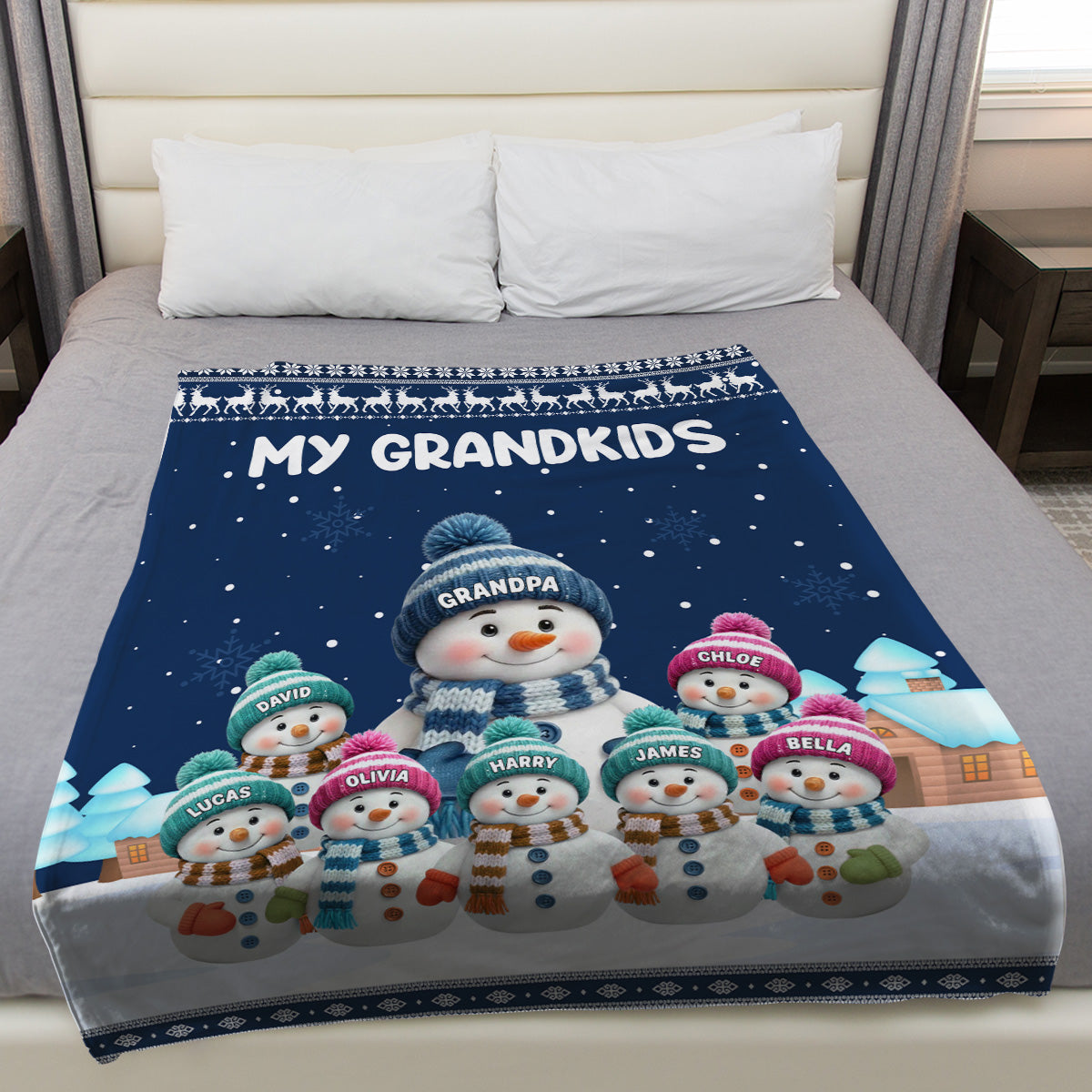 Custom My Grandkids Fleece Blanket, Cute Snowman Family Winter Scene, Warm Keepsake Throw and Thoughtful Grandparent Gift