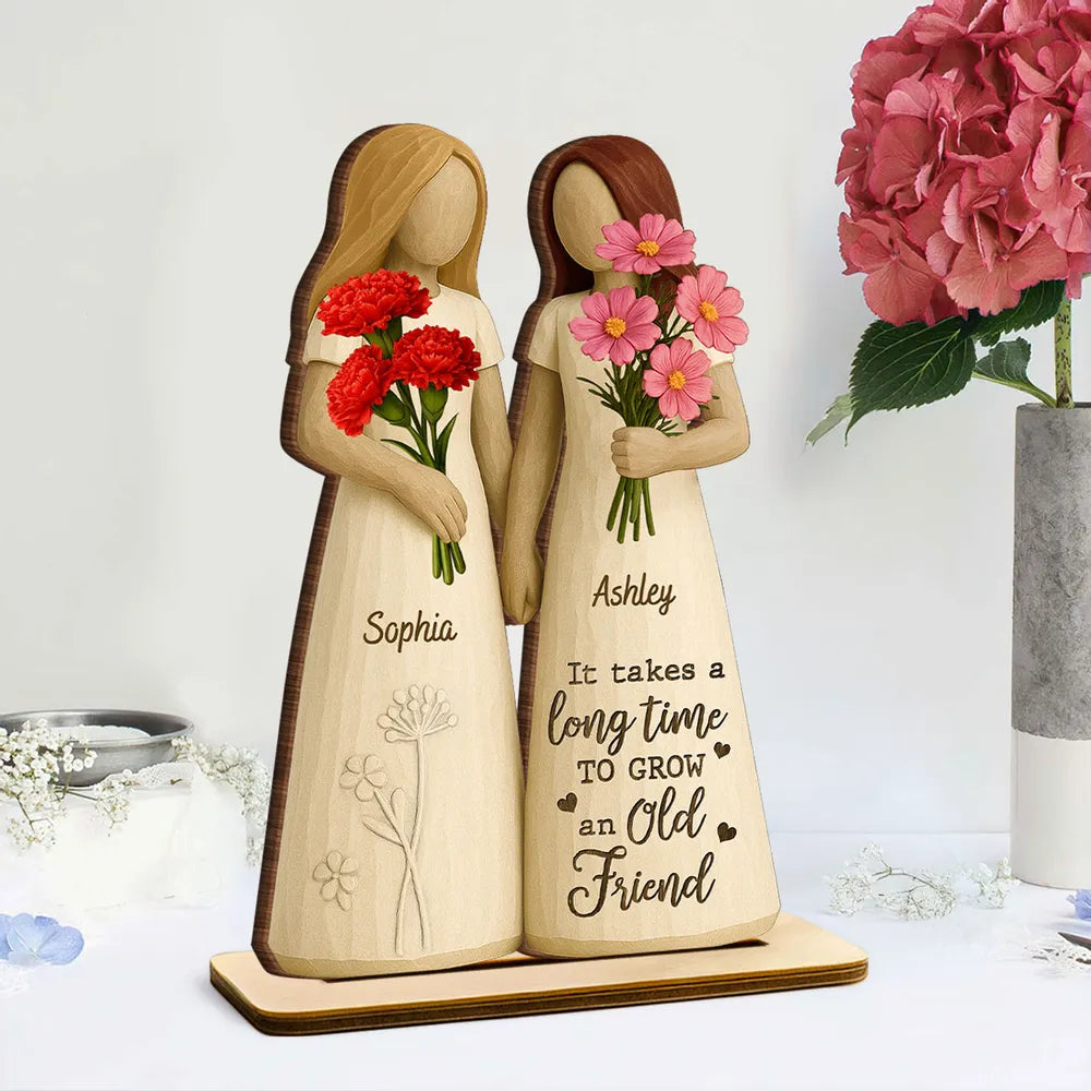 Wooden Plaque for Best Friends – Hand-in-Hand figurine with flowers, cozy mantel décor and heartwarming keepsake, perfect gift to celebrate lifelong friendship