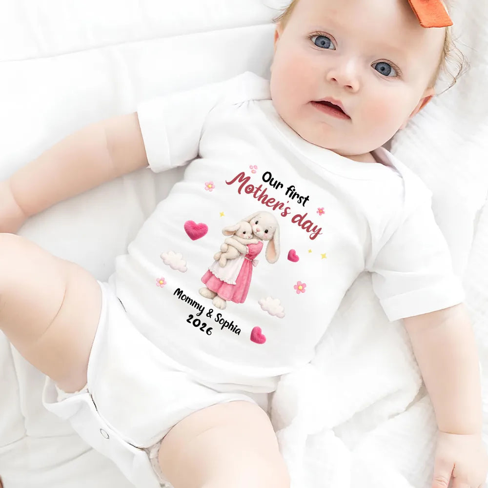 Personalized Mother's Day Short Sleeve Baby Onesie with Bunny Mom & Baby, Sweet First Mother's Day Unique Gift