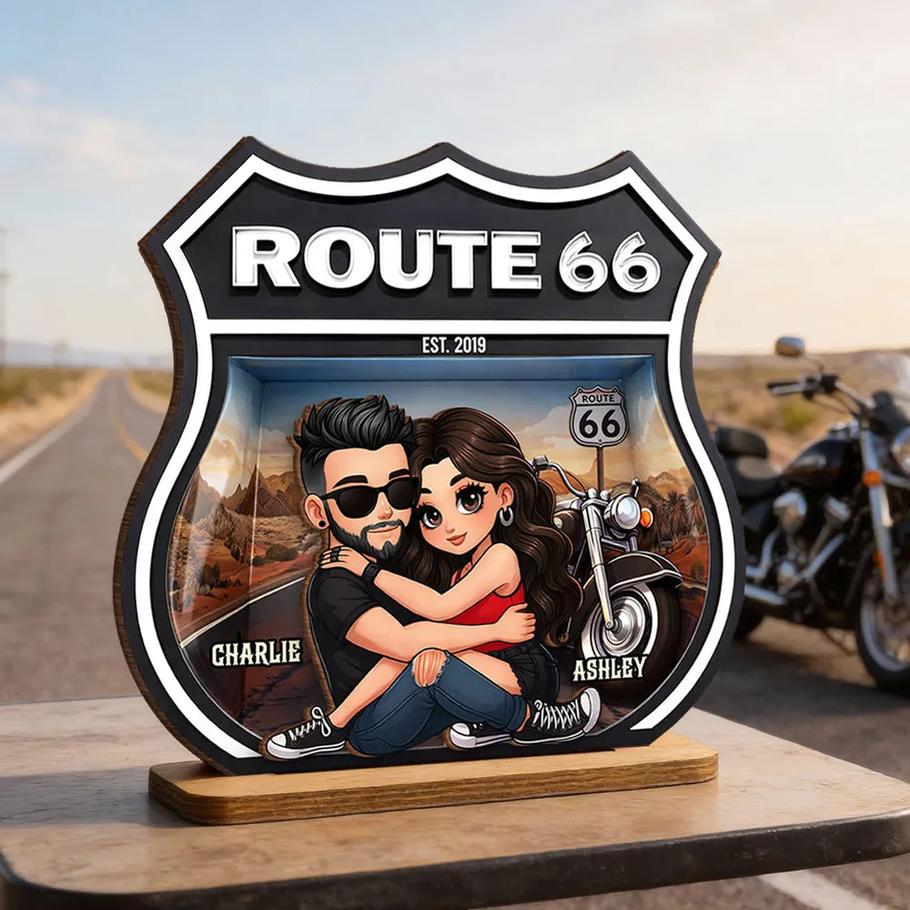 Personalized Route 66 Biker Couple 2-Layer Wooden Plaque for Motorcycle Lovers, Unique Romantic Gift for Couple