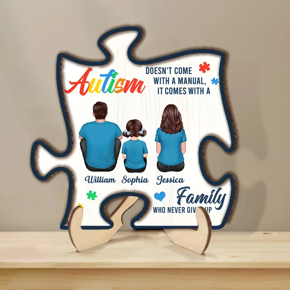 2-Layer Wooden Puzzle Plaque – Autism Family Quote “Family Who Never Gives Up” – Custom Parent & Child Back View Gift