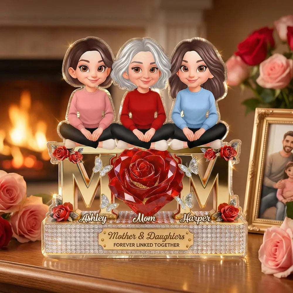 Personalized Shaped Acrylic Block Plaque Mom & Daughters Rose Design for Shelf Decor, Unique Gift for Mom