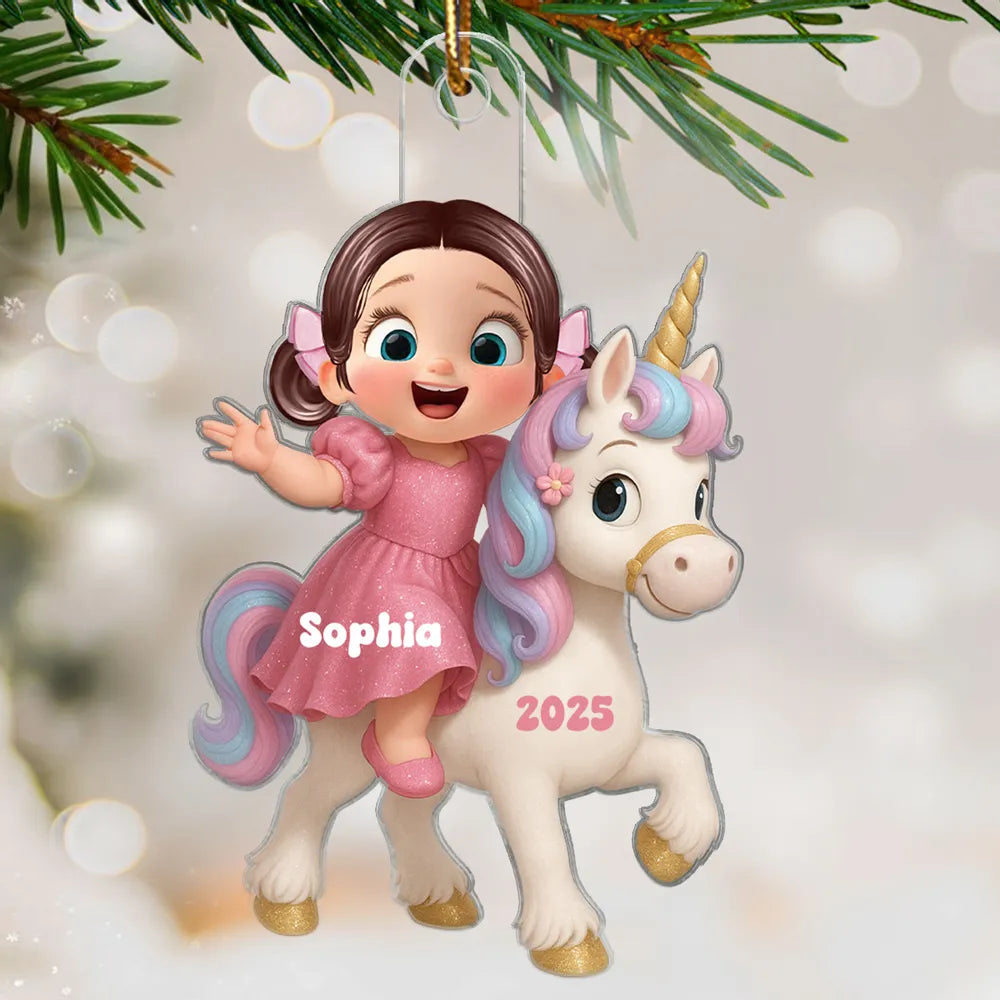 Acrylic Ornament with Girl & Unicorn Cartoon Design, Dreamy Pink Holiday Style, Perfect Gift for Kids and Family