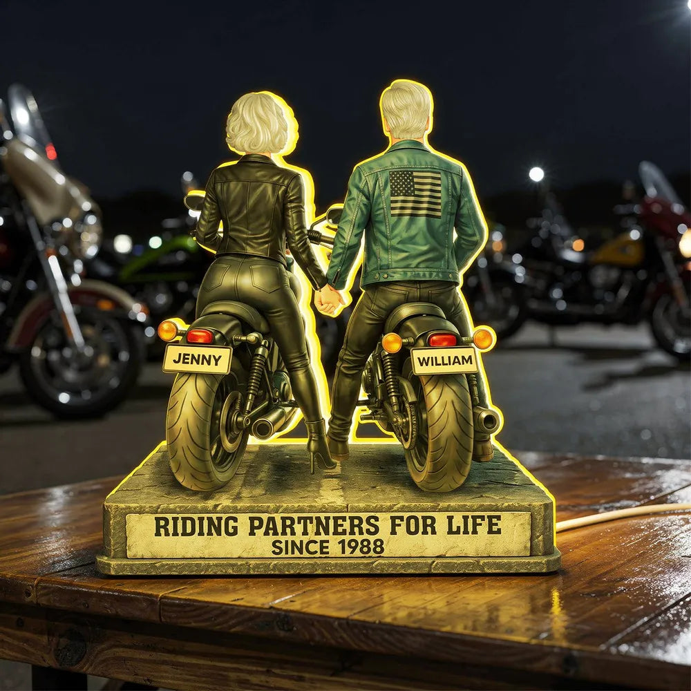 Riding Partners for Life Acrylic Light Box, Custom Motorcycle Couple Night Light with Warm Glow, Sentimental Gift