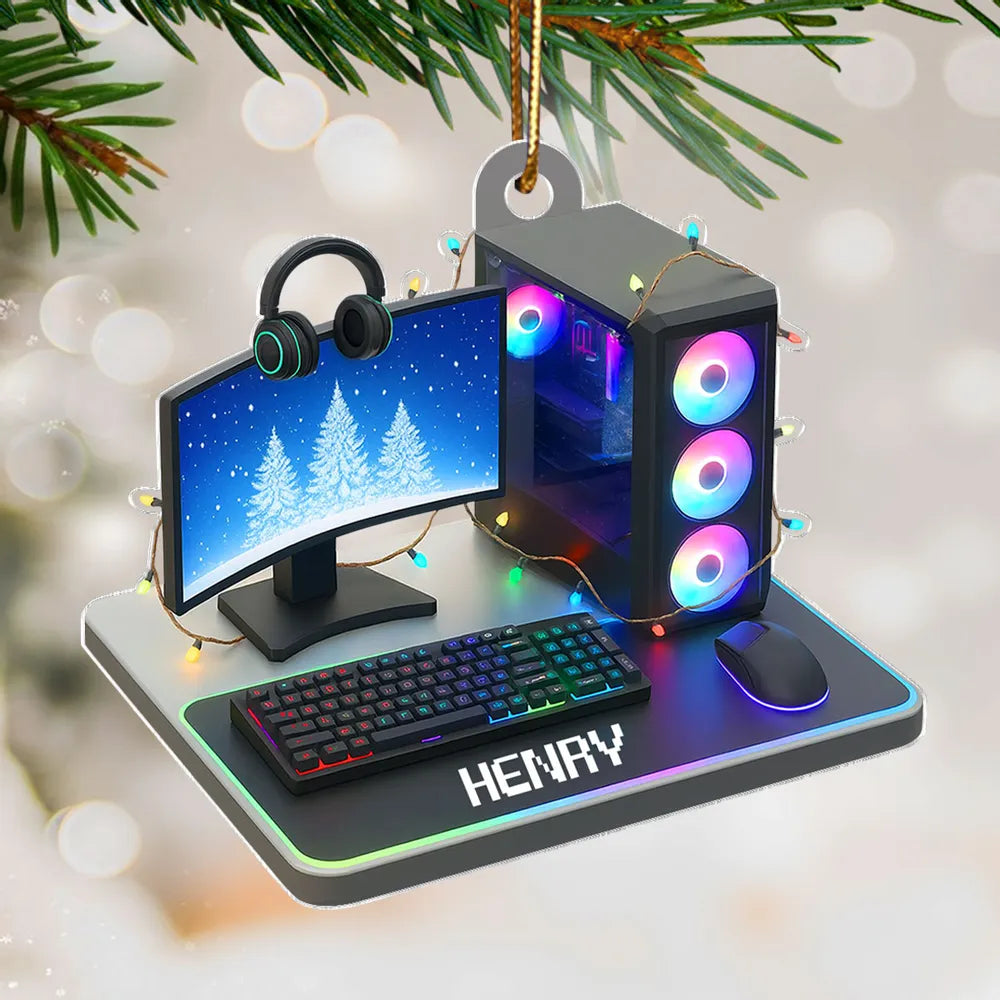 Custom Name Gaming Setup Acrylic Ornament with RGB PC & Keyboard, Cozy Holiday Decor, Creative Gift for Teen Gamer