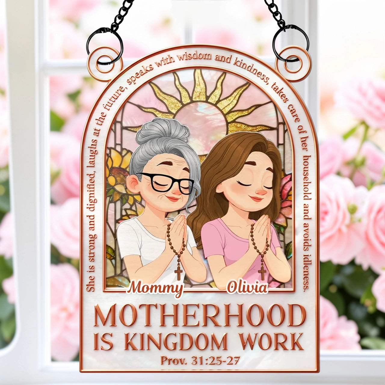 Wood and Acrylic Layered Ornament Personalized for Mom, Motherhood Is Kingdom Work Quote, Sweet Faith Filled Gift With Warm Color
