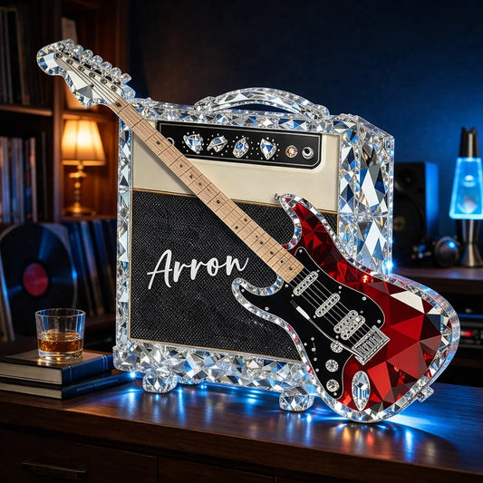 Personalized Guitar Shaped Acrylic Block Plaque, Amp and Electric Guitar Shelf Decor, Unique Gift for Music Lovers