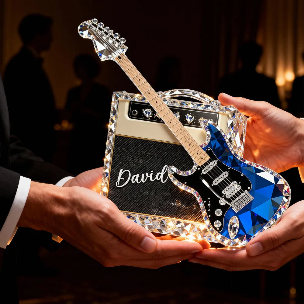 Personalized Guitar Shaped Acrylic Block Plaque, Amp and Electric Guitar Shelf Decor, Unique Gift for Music Lovers