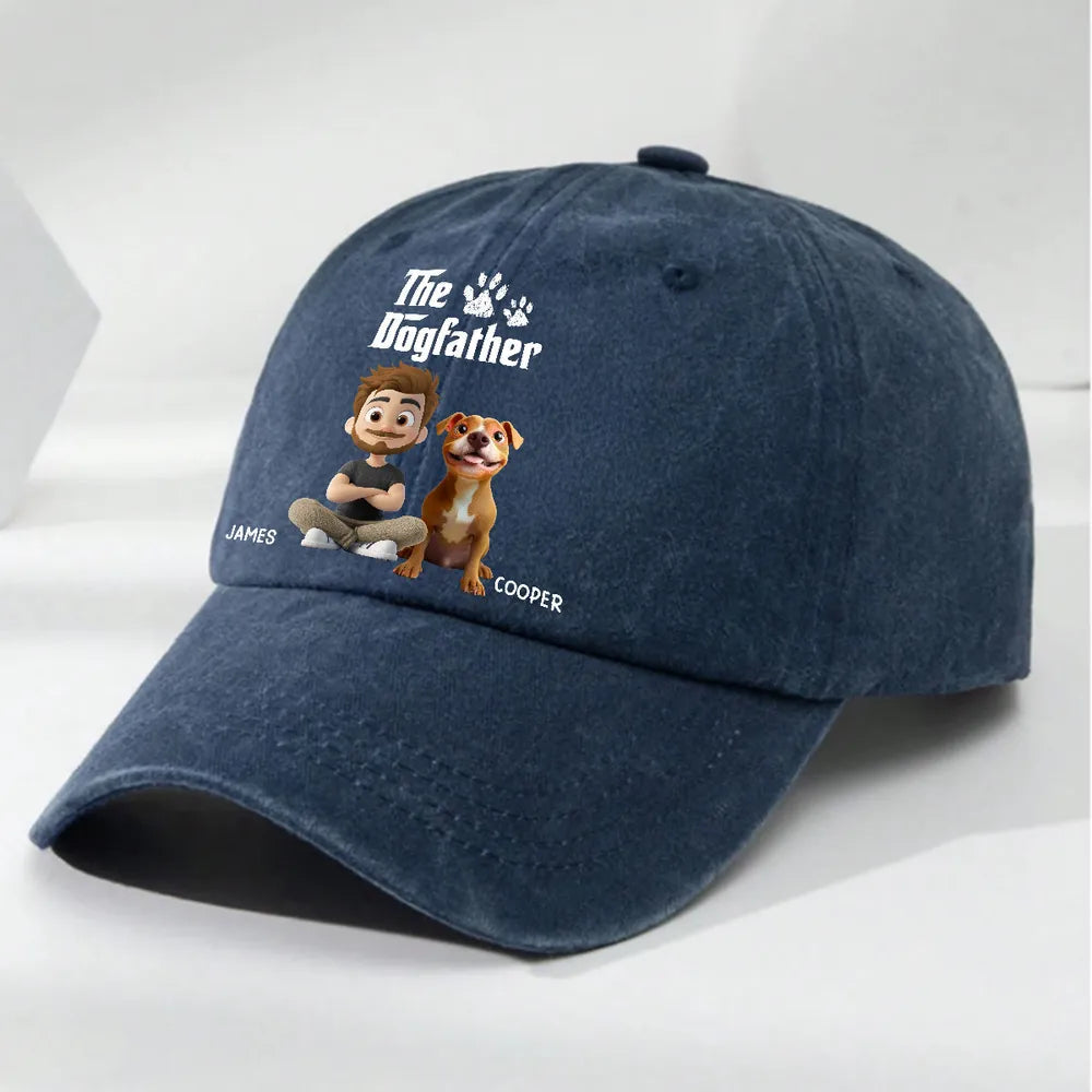 The Dogfather Baseball Cap – washed denim with fun dog dad graphic, casual adjustable fit, perfect gift for dog lovers