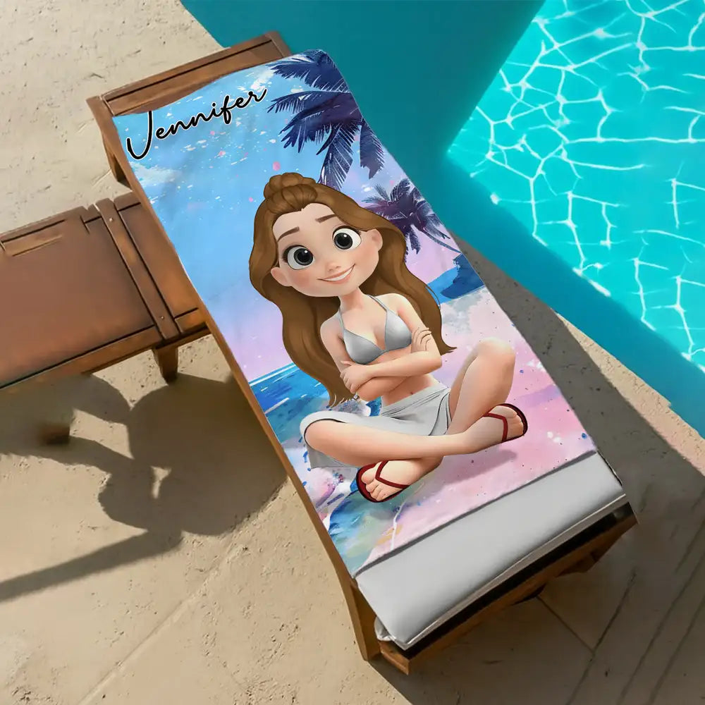 Personalized Beach Towel with Cartoon Girl – Summer Beach Gift for Her, Custom Name Towel for Vacation and Pool Days