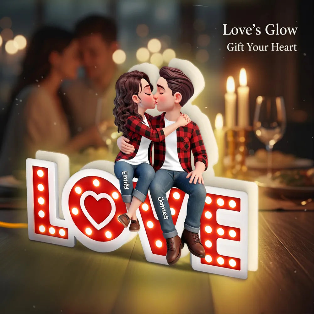 Personalized Acrylic Light Box Kissing Couple on LOVE Sign, Cozy Warm Glow Bedroom Decor, Unique Gift for Him or Her