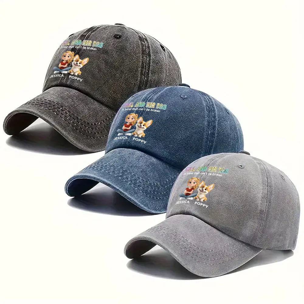 Denim Baseball Cap, Vintage Washed, Custom Pet Graphic, Casual Sun Shield, Unique Gift for Dog & Cat Moms