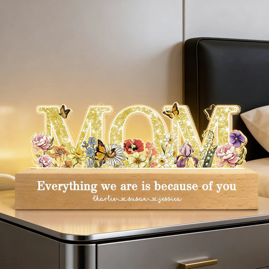 Personalized Block LED Light Plaque for Mom, Floral MOM Night Light with Custom Details, Cozy Bedroom Lamp & Heartfelt Gift