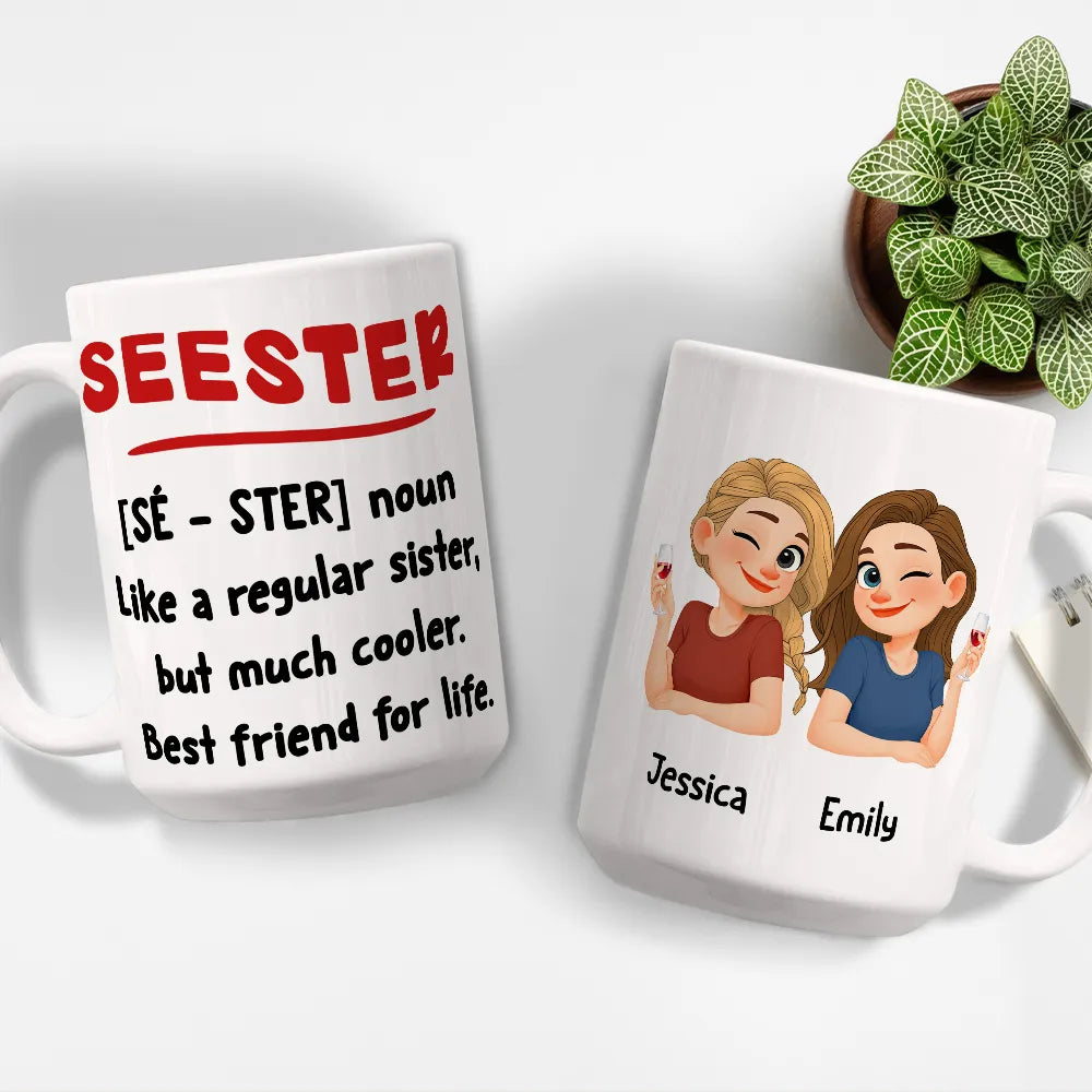 Personalized Seester Squad Ceramic Mug with Cute Cartoon Besties - Unique Coworker or Best Friend Gift