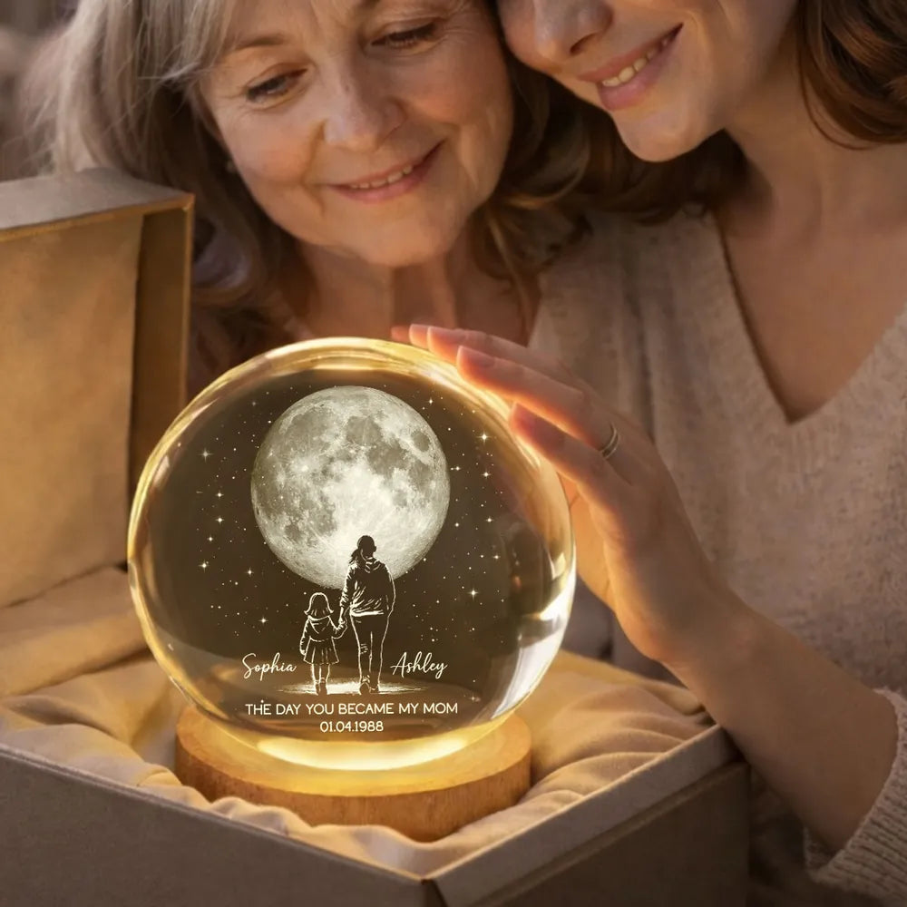 The Day You Became My Mom Personalized Globe Lamp, Mom and Child Under the Moon Night Light, Meaningful Gift