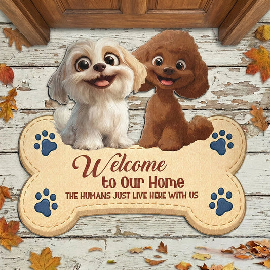 Personalized Shaped Doormat with Cute Dogs and Paw Prints, Welcome to Our Home, Unique Gift for Dog Lovers